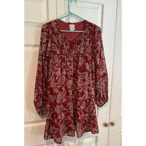 Blue Rain Womens Boho Paisley Burnt Orange Long Sleeve Babydoll Mini Dress